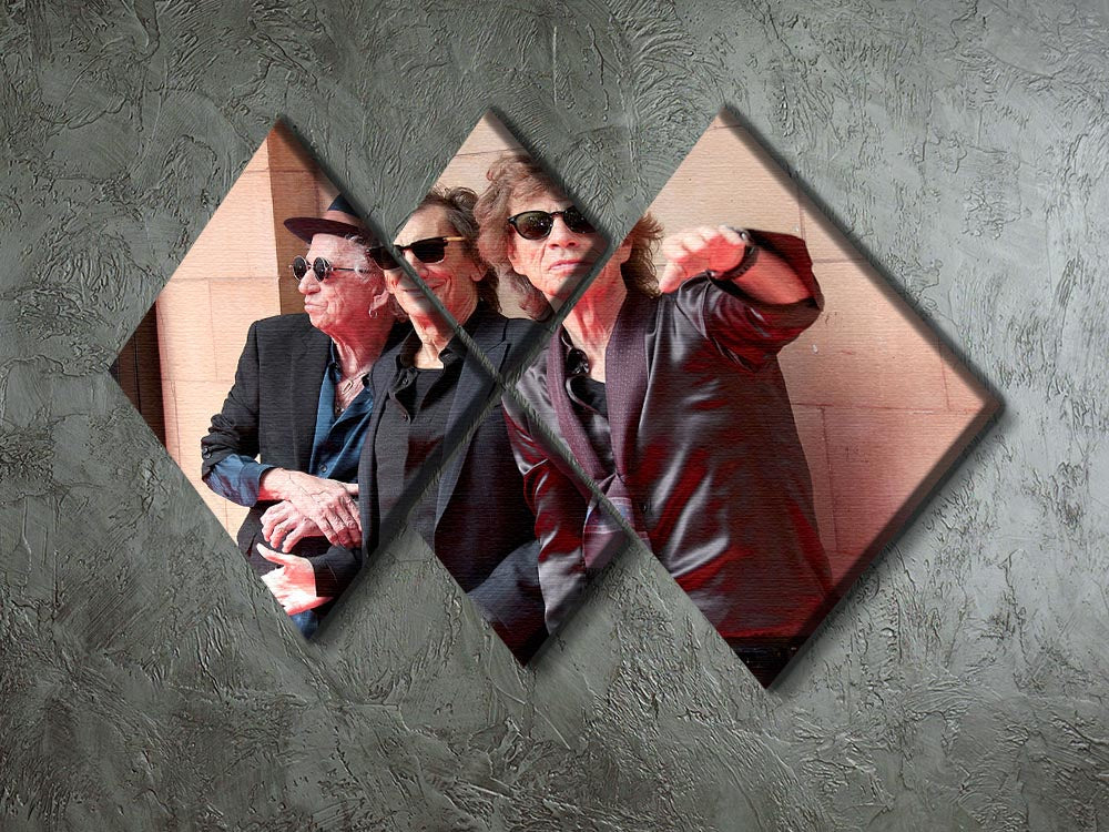 4-square canvas artwork featuring Keith Richards, Ronnie Wood, and Mick Jagger, showcasing vibrant colors and dynamic composition.