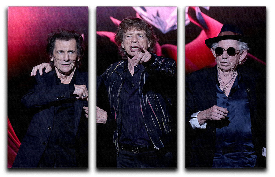 Three-panel canvas art featuring Keith Richards, Ronnie Wood, and Mick Jagger, showcasing vibrant colors and intricate details.