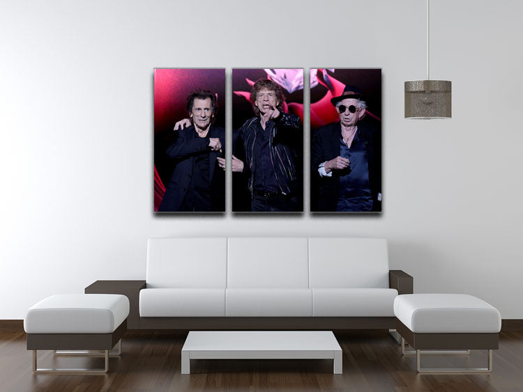 Three-panel canvas art featuring Keith Richards, Ronnie Wood, and Mick Jagger, showcasing vibrant colors and intricate details.