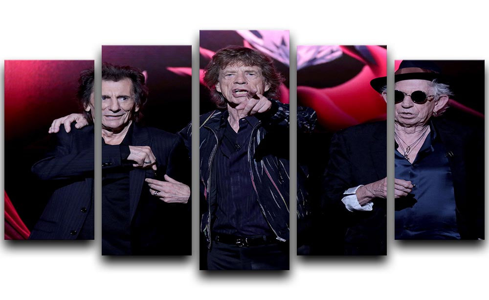 5-split canvas artwork featuring Keith Richards, Ronnie Wood, and Mick Jagger, showcasing vibrant colors and dynamic design.