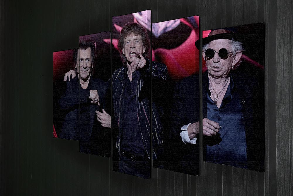 5-split canvas artwork featuring Keith Richards, Ronnie Wood, and Mick Jagger, showcasing vibrant colors and dynamic design.