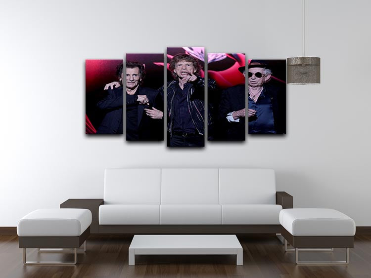 5-split canvas artwork featuring Keith Richards, Ronnie Wood, and Mick Jagger, showcasing vibrant colors and dynamic design.