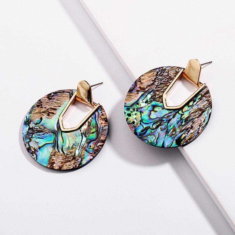 Kendra Style Design Statement Round Disc Abalone Shell earrings showcasing unique patterns and colors, perfect for fashion-forward women.
