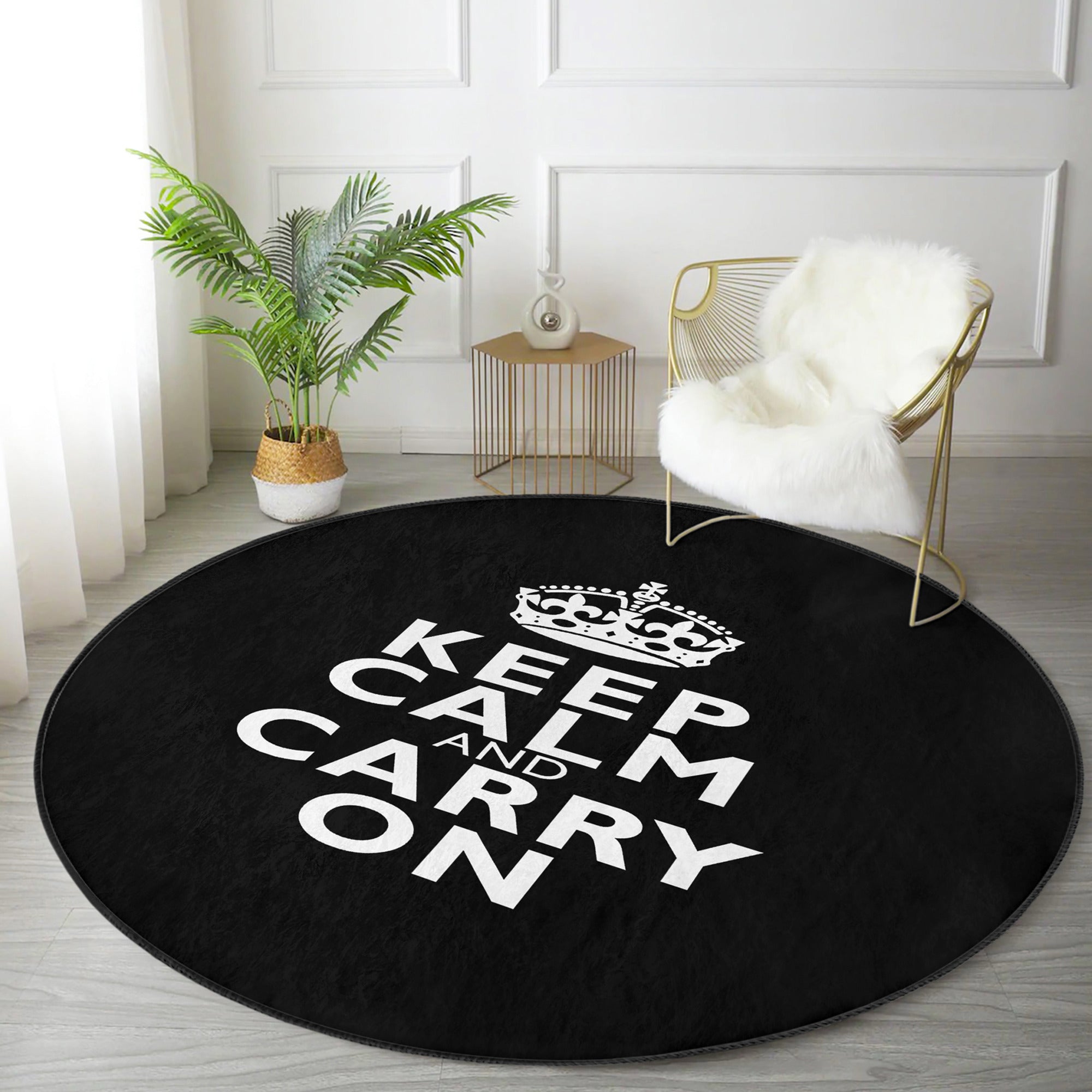 Keep Calm Carry On Round Rug featuring a crown pattern, made of soft velvet fabric, perfect for bedrooms and living spaces.