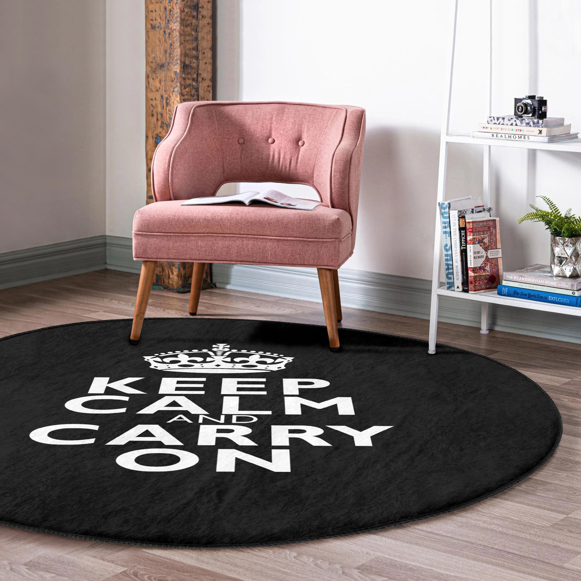 Keep Calm Carry On Round Rug featuring a crown pattern, made of soft velvet fabric, perfect for bedrooms and living spaces.