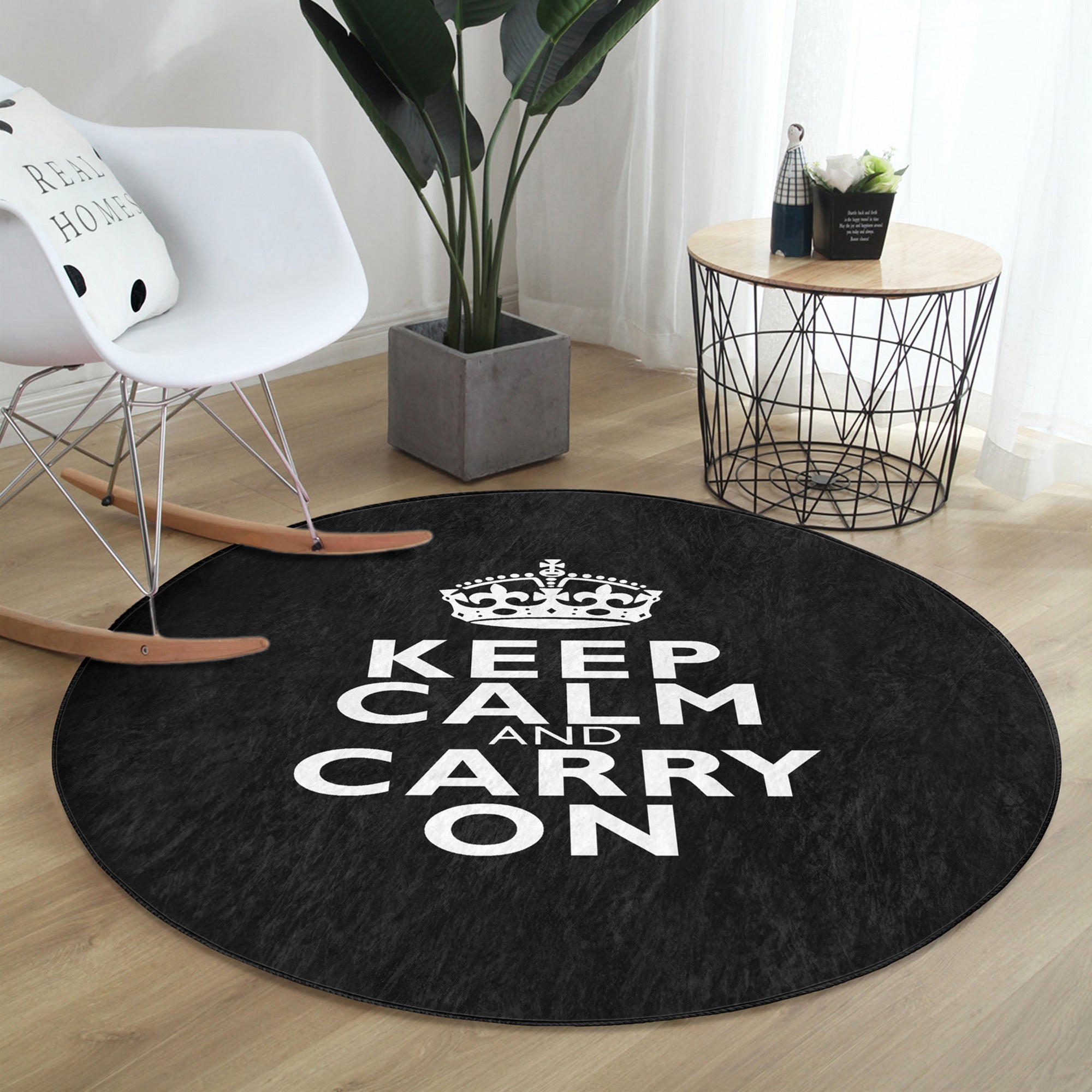 Keep Calm Carry On Round Rug featuring a crown pattern, made of soft velvet fabric, perfect for bedrooms and living spaces.