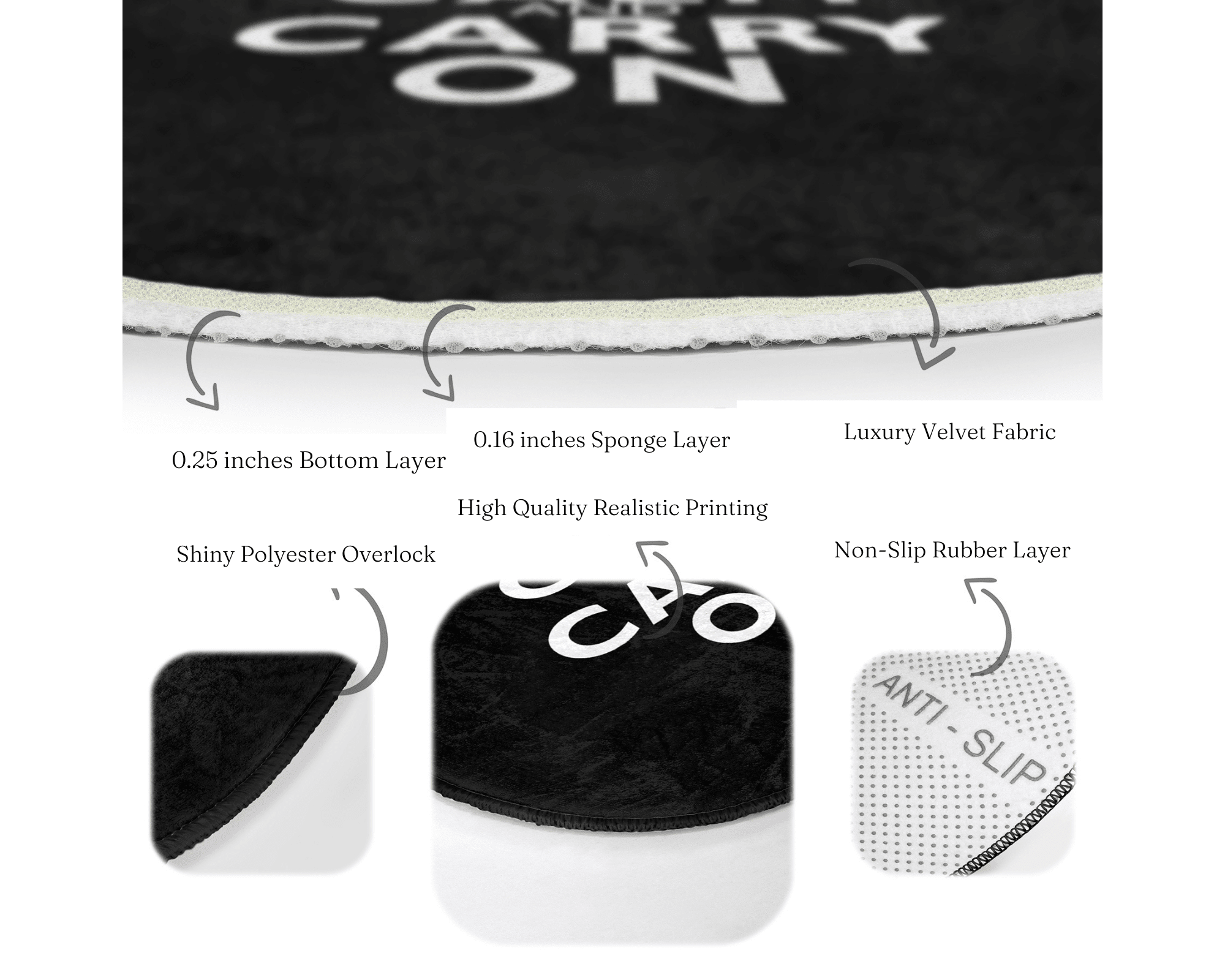 Keep Calm Carry On Round Rug featuring a crown pattern, made of soft velvet fabric, perfect for bedrooms and living spaces.