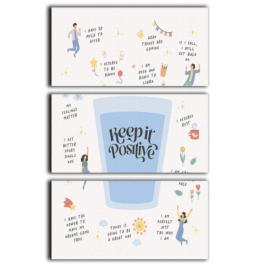 Keeptitpositive 3 Split Panel Canvas Print showcasing vibrant designs in three panels, perfect for home or office decor.