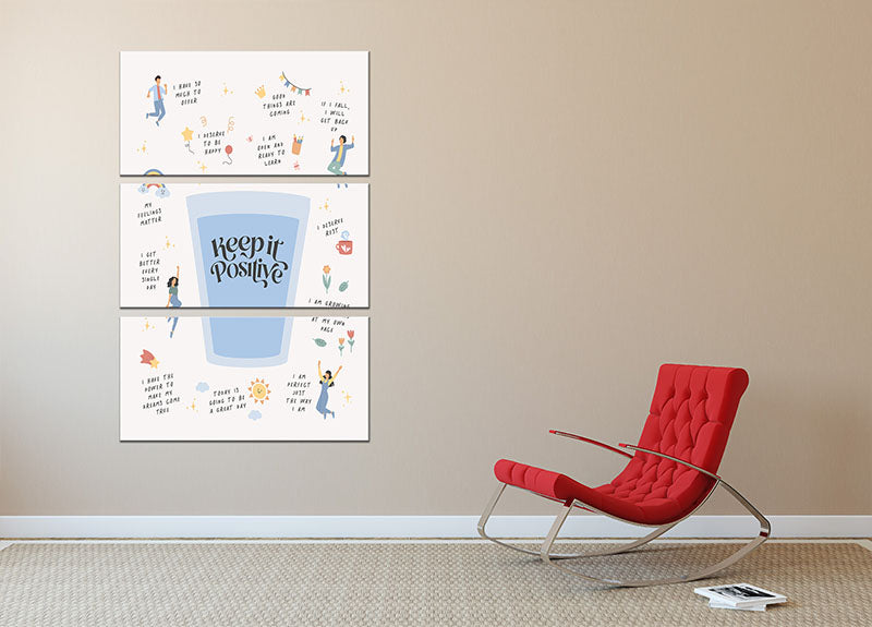 Keeptitpositive 3 Split Panel Canvas Print showcasing vibrant designs in three panels, perfect for home or office decor.