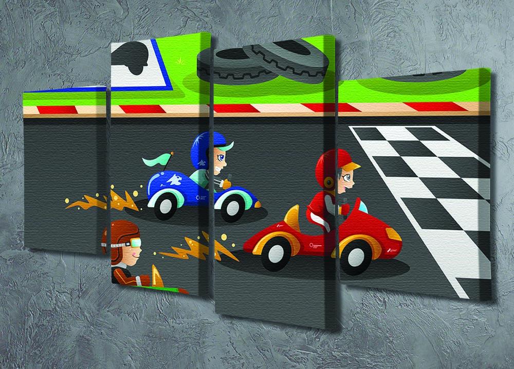 A vibrant 4-panel canvas artwork depicting kids racing cars, showcasing dynamic scenes and bright colors, perfect for children's rooms.