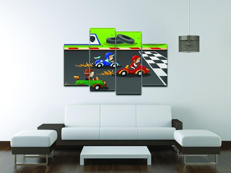 A vibrant 4-panel canvas artwork depicting kids racing cars, showcasing dynamic scenes and bright colors, perfect for children's rooms.