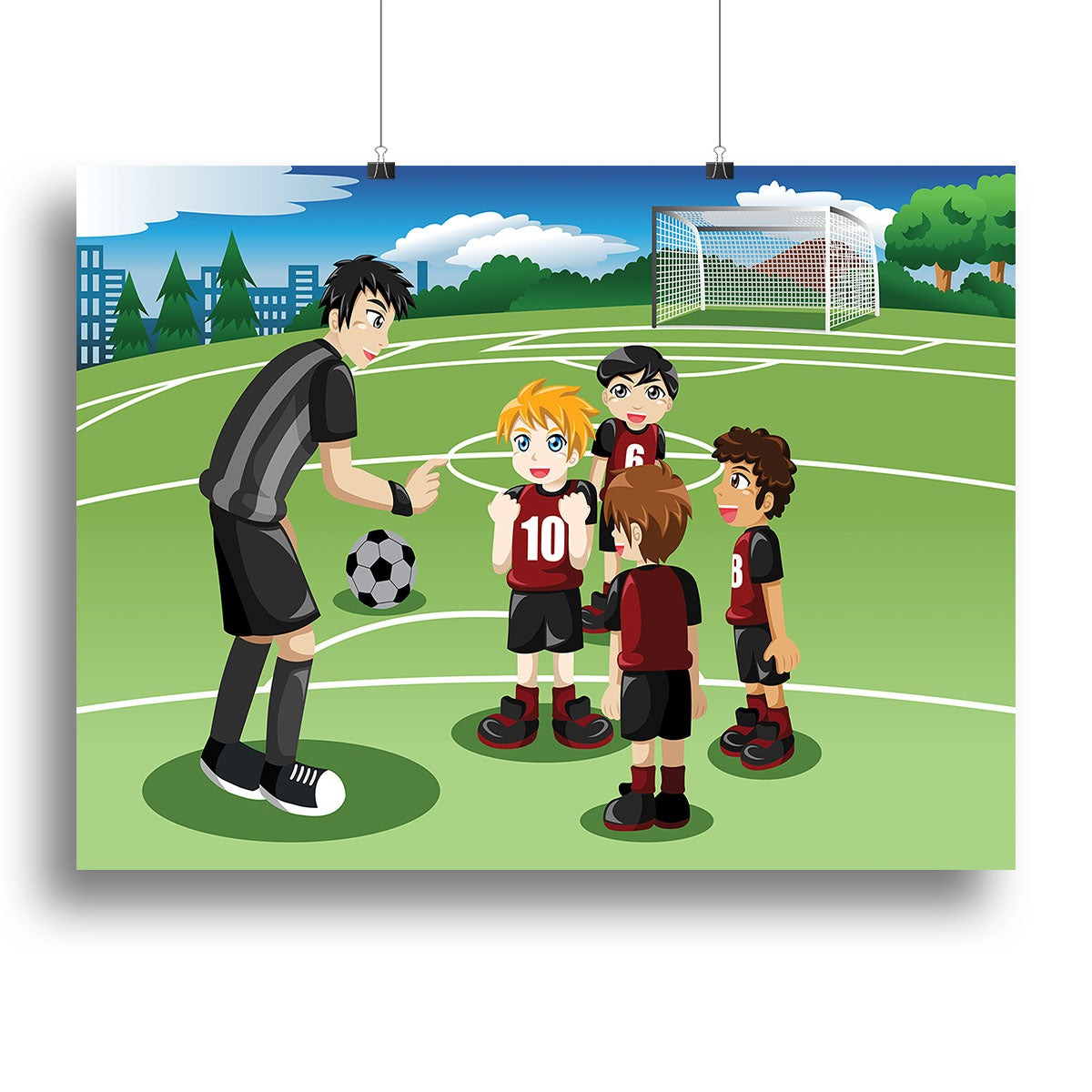 Canvas print of kids in a soccer field listening to their coach, showcasing teamwork and sportsmanship.