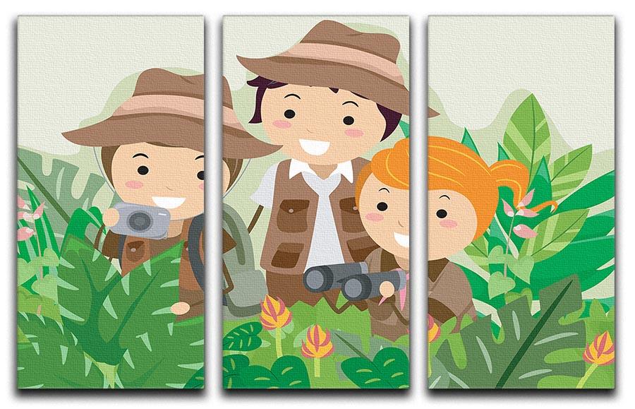 A vibrant 3-panel canvas print depicting a safari adventure scene, featuring playful animals and lush landscapes, perfect for children's decor.