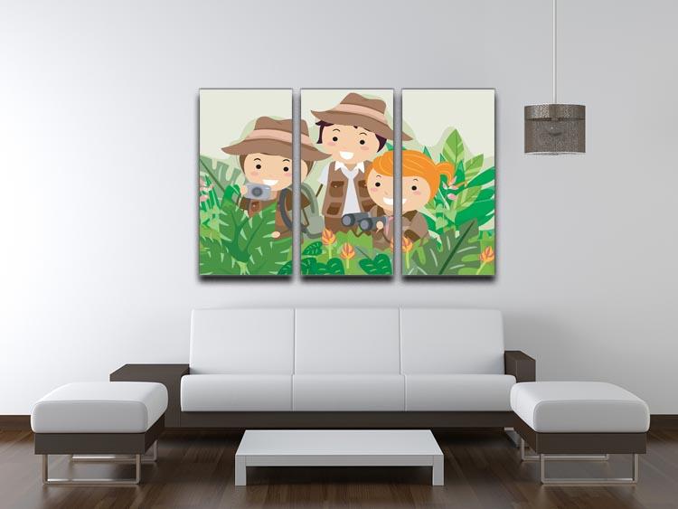 A vibrant 3-panel canvas print depicting a safari adventure scene, featuring playful animals and lush landscapes, perfect for children's decor.