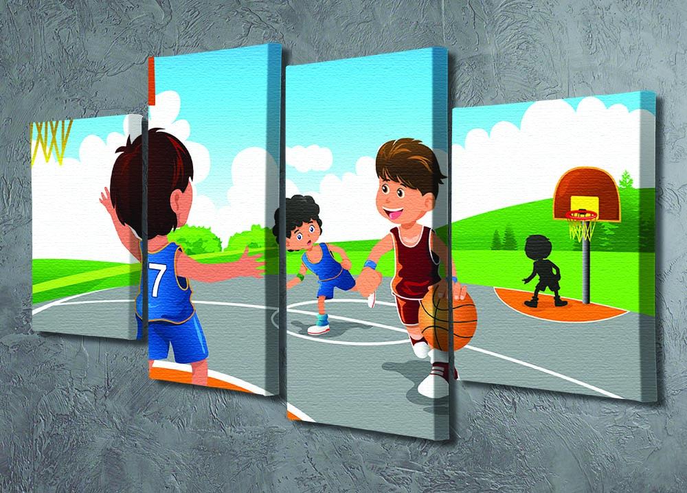 A vibrant 4-panel canvas artwork depicting kids playing basketball in a playground, showcasing energy and joy.