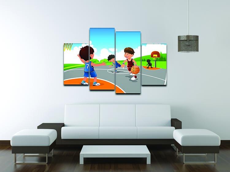A vibrant 4-panel canvas artwork depicting kids playing basketball in a playground, showcasing energy and joy.