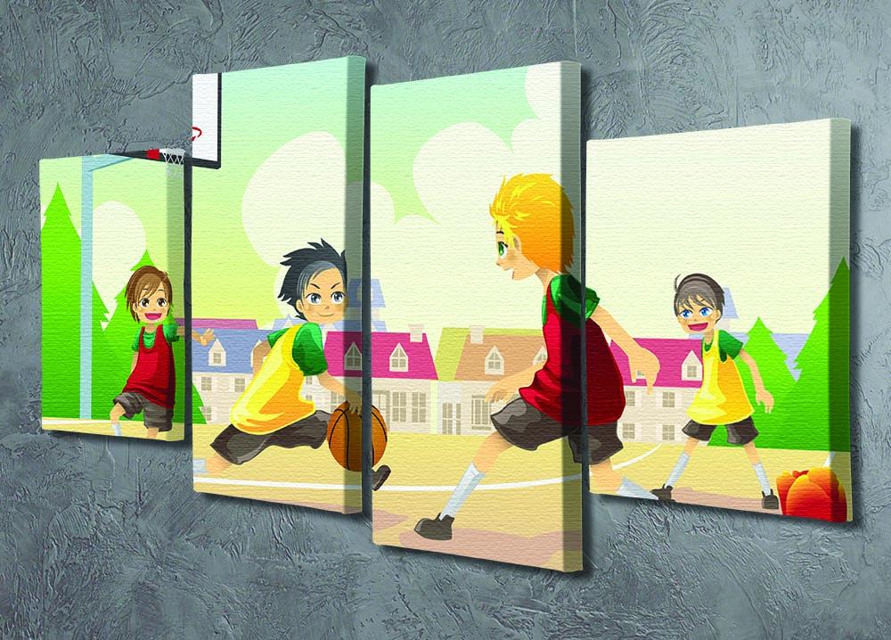 A vibrant 4-split canvas artwork depicting kids playing basketball, showcasing energy and joy in a suburban setting.