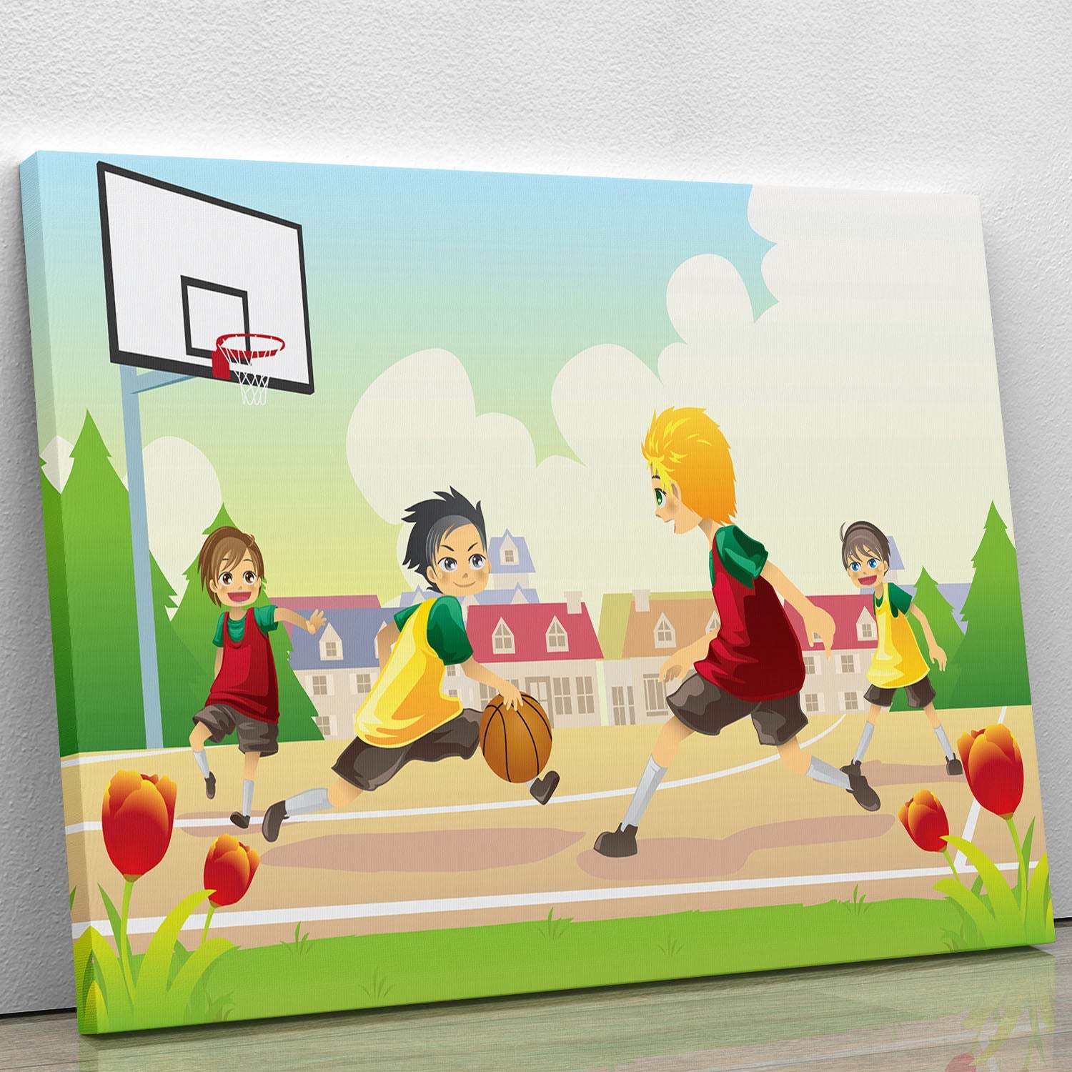 A vibrant canvas print of kids playing basketball in a suburban area, showcasing their energy and joy.