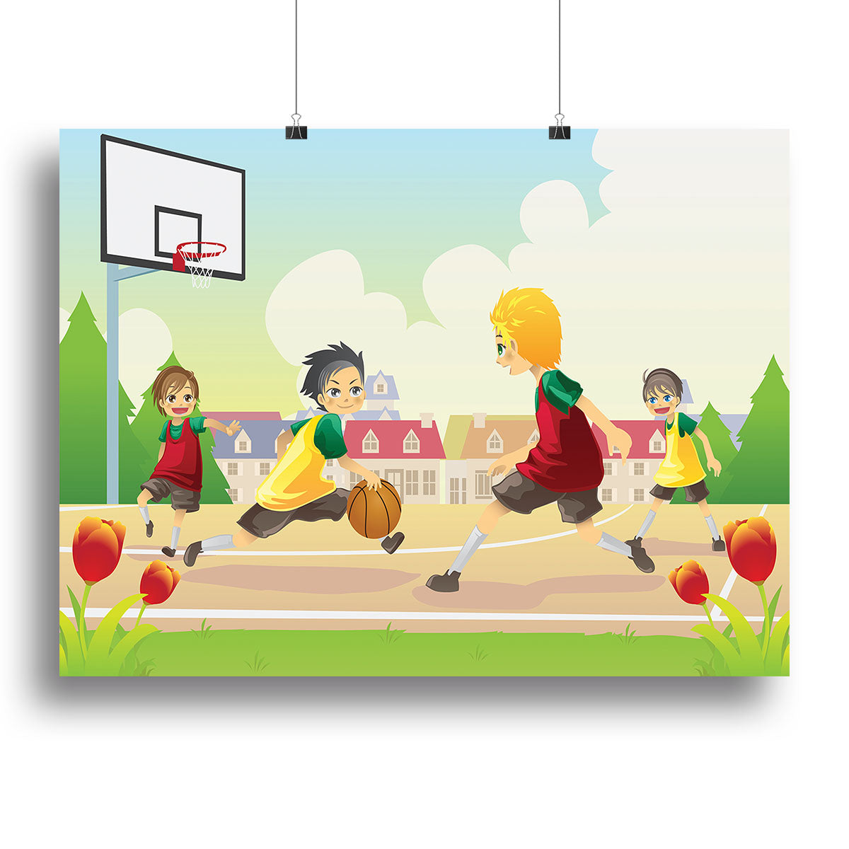 A vibrant canvas print of kids playing basketball in a suburban area, showcasing their energy and joy.
