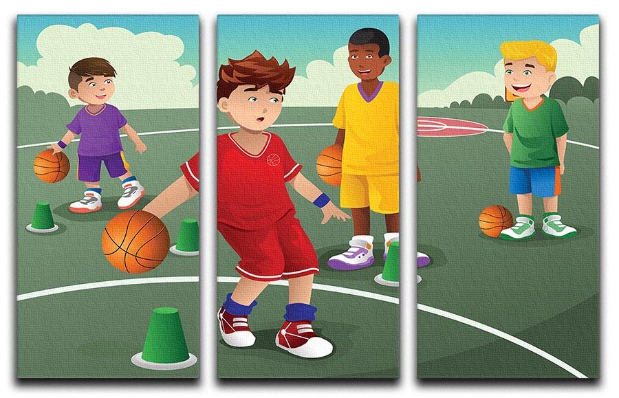 A vibrant 3-panel canvas print featuring kids practicing basketball, showcasing dynamic action and colorful imagery.