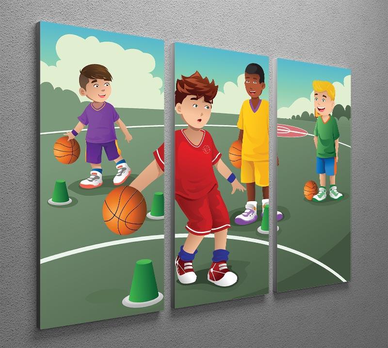 A vibrant 3-panel canvas print featuring kids practicing basketball, showcasing dynamic action and colorful imagery.