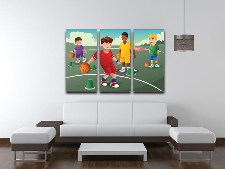 A vibrant 3-panel canvas print featuring kids practicing basketball, showcasing dynamic action and colorful imagery.