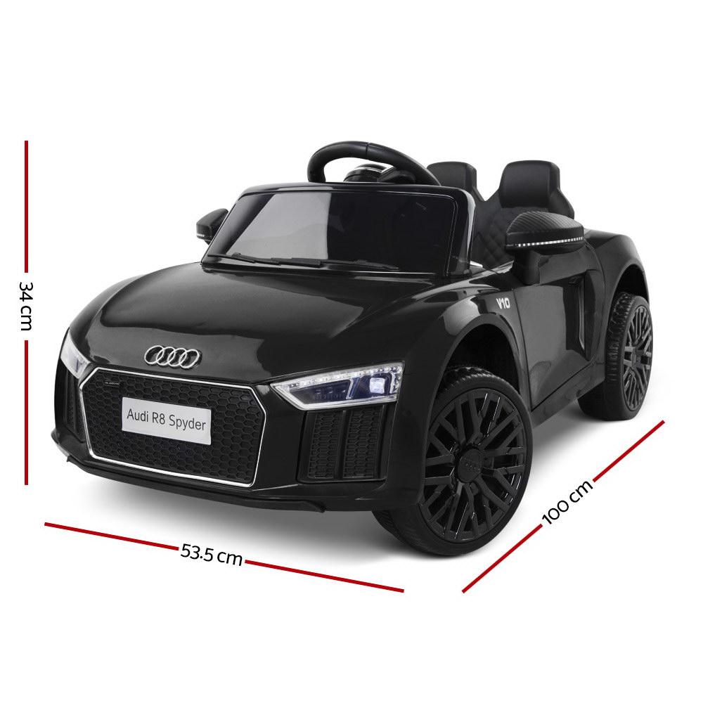 Black Audi R8 Kids Ride On Car with open doors and comfortable seat, showcasing its sleek design and features.