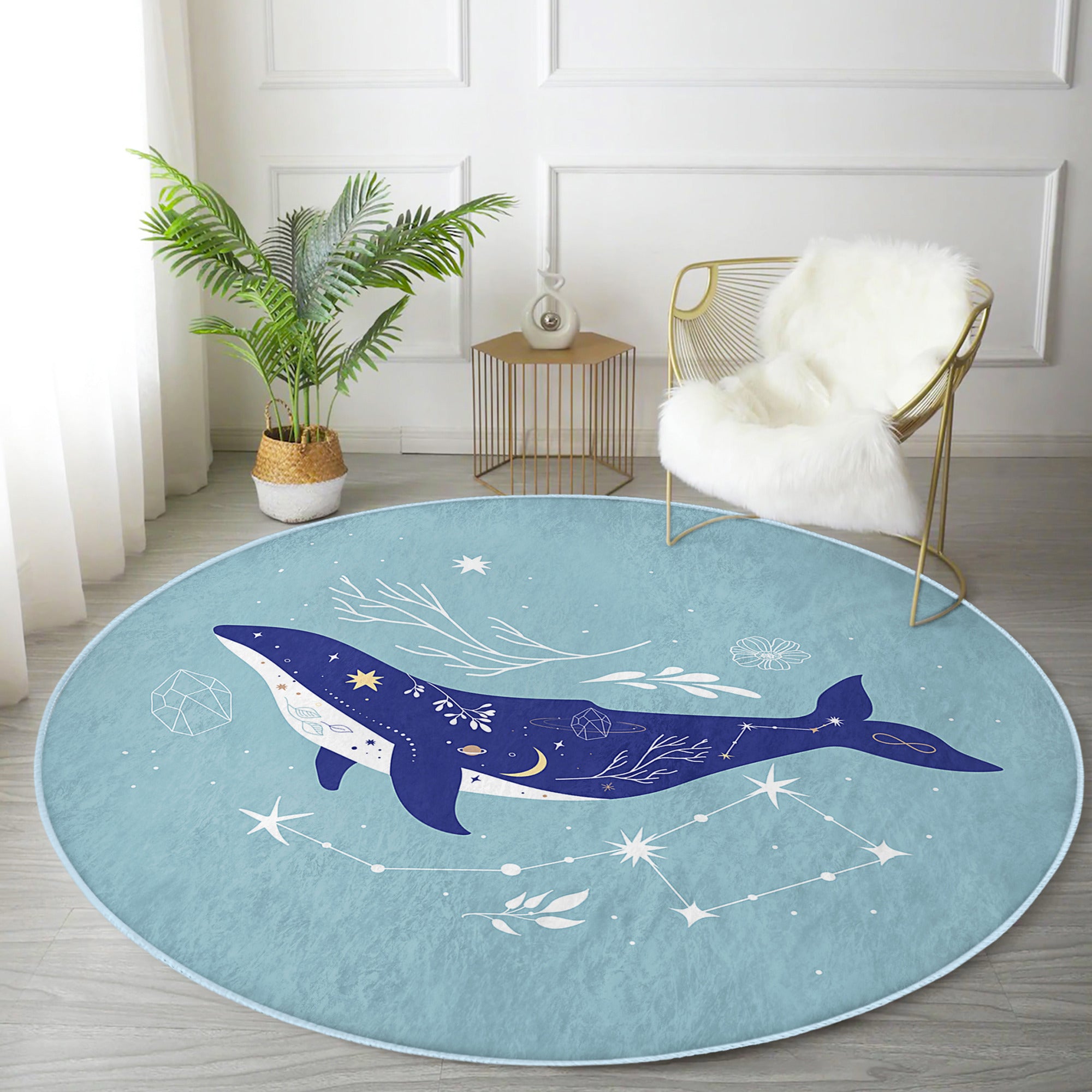 Kids Room Blue Whale Round Rug featuring a playful blue whale design, made of soft velvet fabric, perfect for nurseries and playrooms.