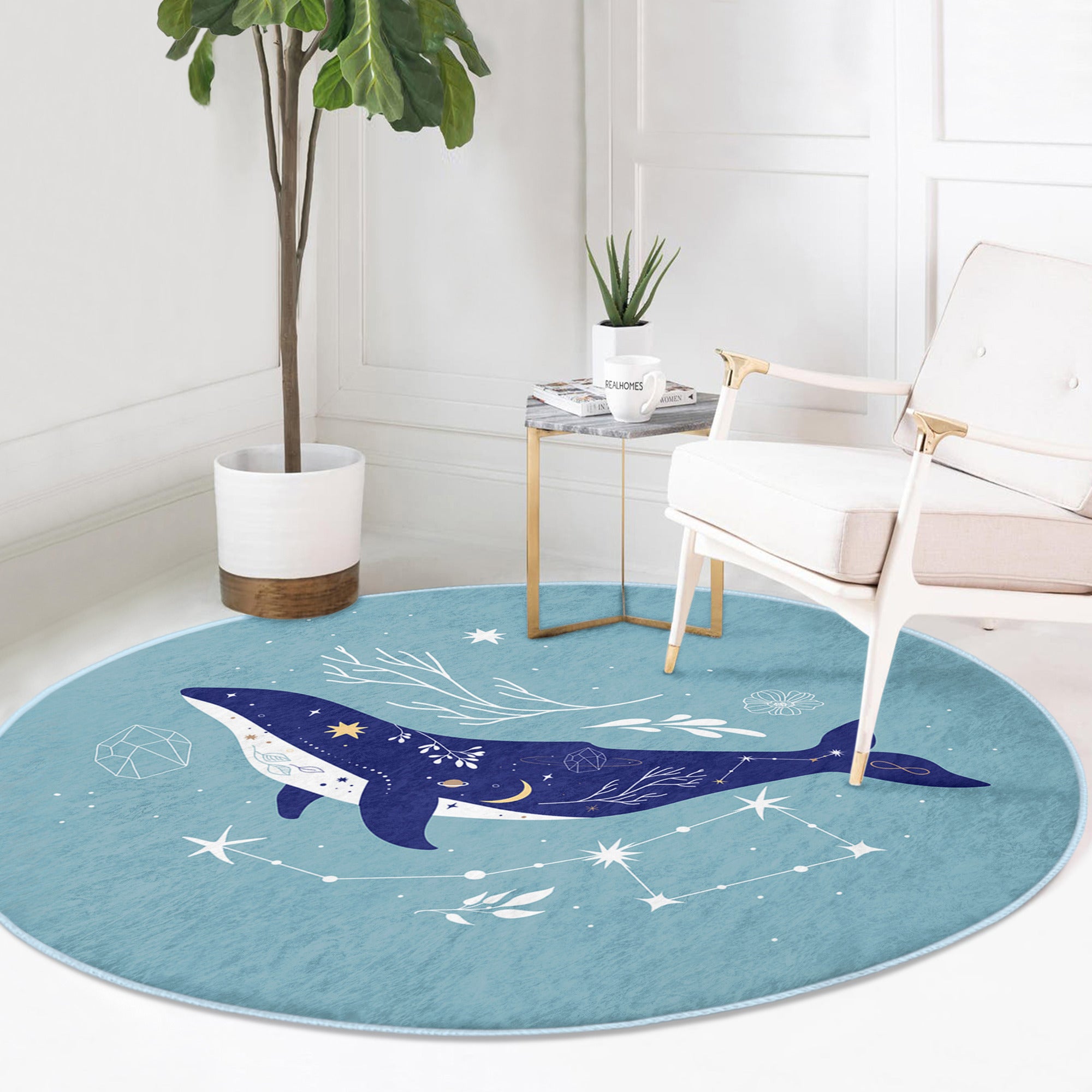 Kids Room Blue Whale Round Rug featuring a playful blue whale design, made of soft velvet fabric, perfect for nurseries and playrooms.