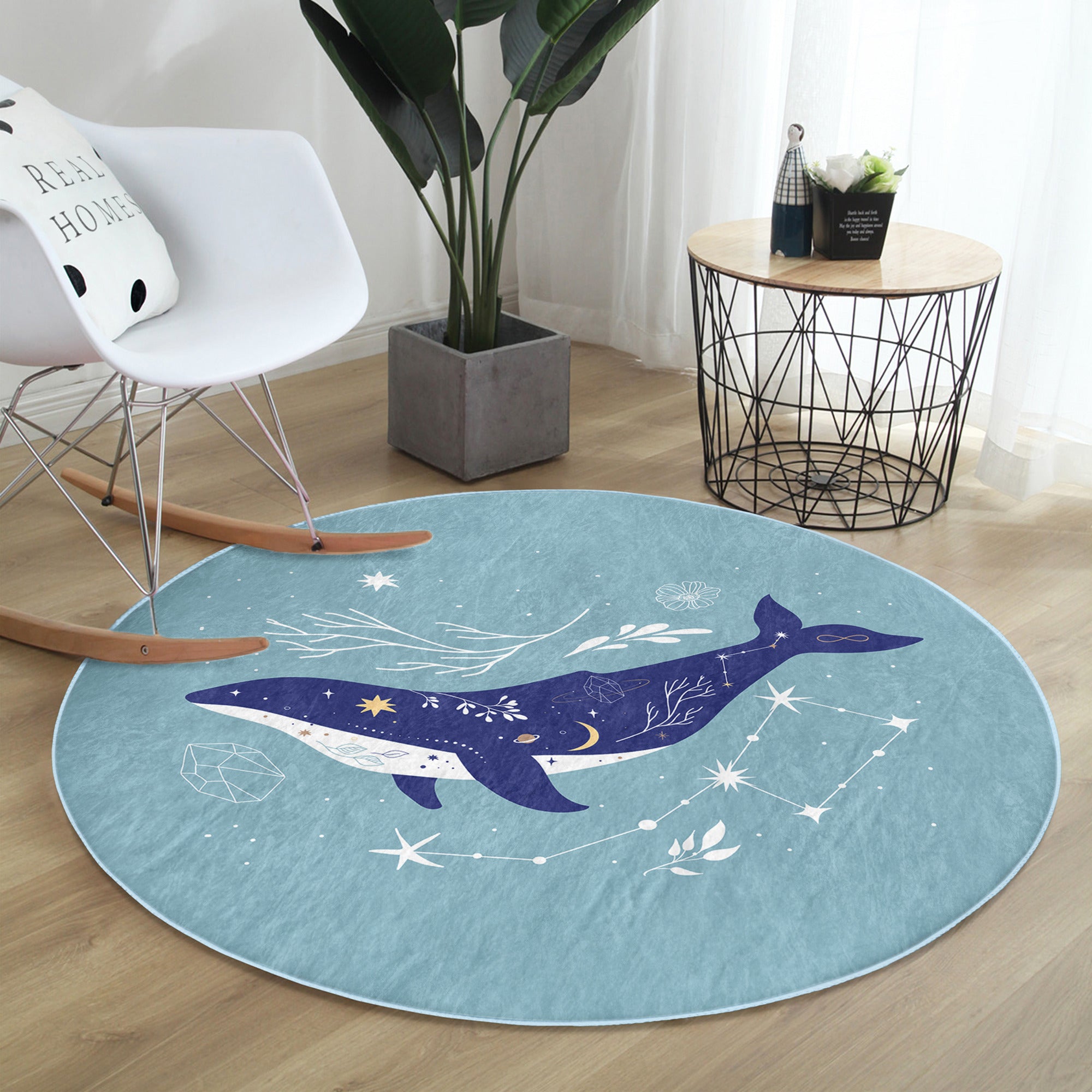 Kids Room Blue Whale Round Rug featuring a playful blue whale design, made of soft velvet fabric, perfect for nurseries and playrooms.