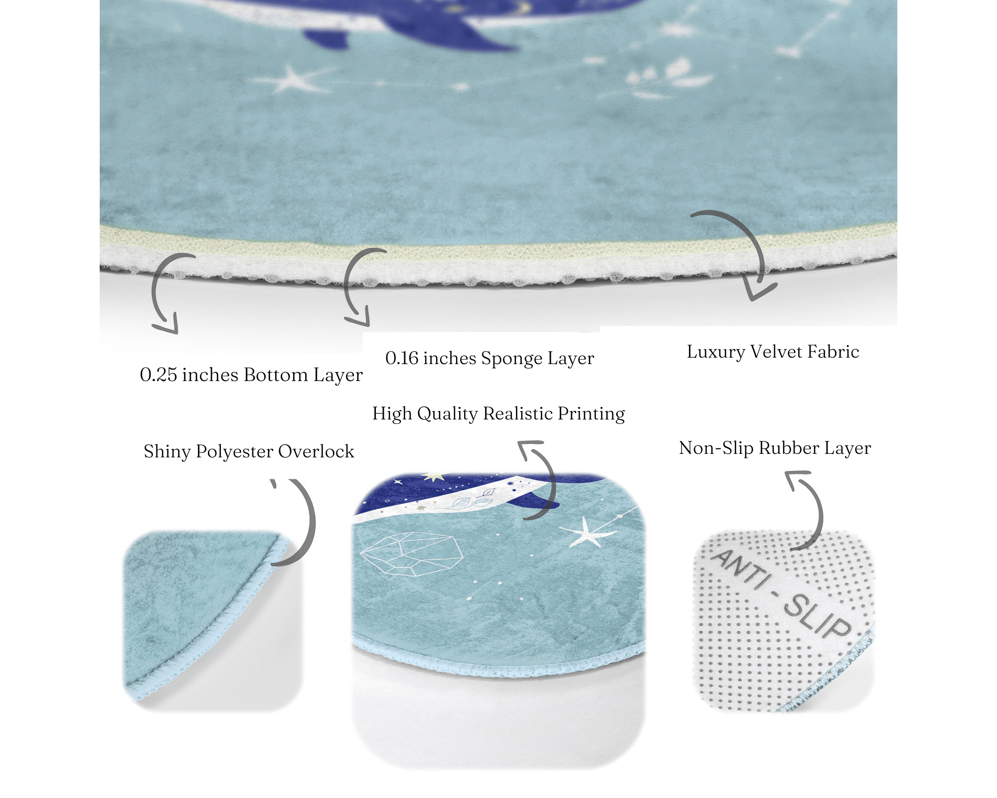 Kids Room Blue Whale Round Rug featuring a playful blue whale design, made of soft velvet fabric, perfect for nurseries and playrooms.