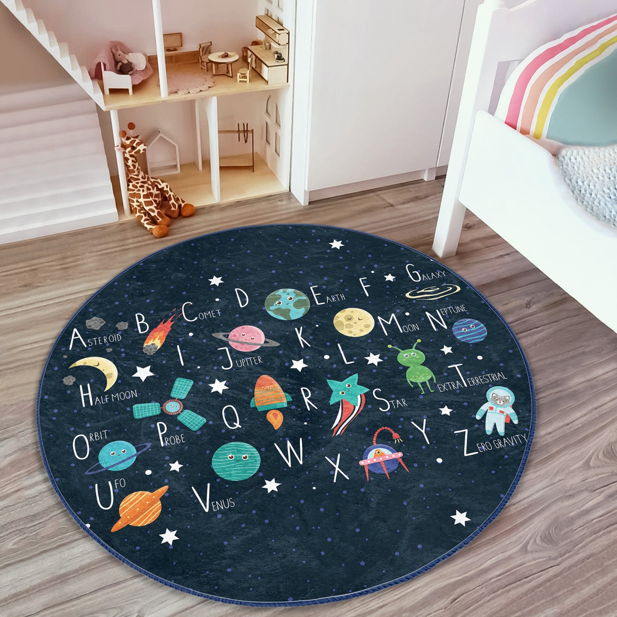 Kids Room Space Pattern Alphabet Printed Washable Round Rug featuring vibrant colors and a playful design for educational play.