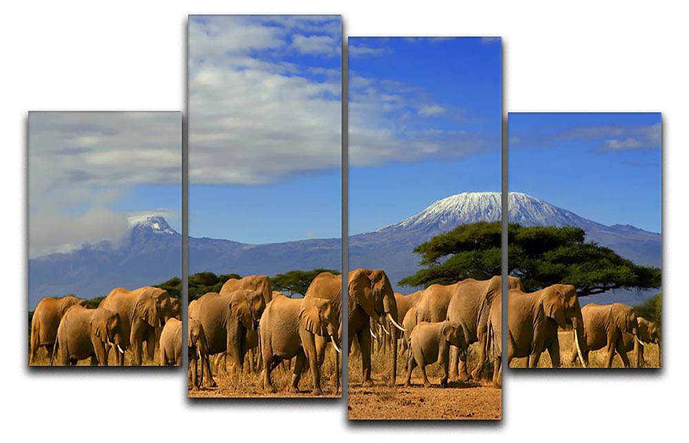 A stunning 4-split canvas artwork featuring Kilimanjaro and elephants, showcasing vibrant colors and intricate details.