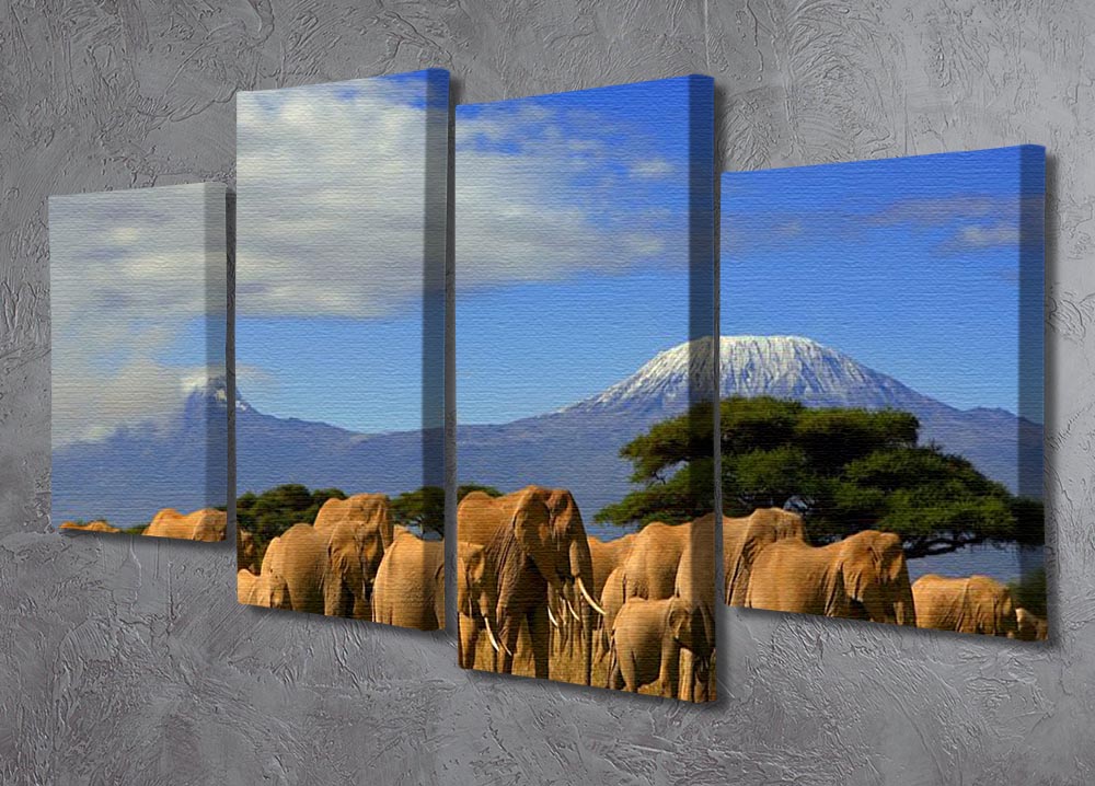 A stunning 4-split canvas artwork featuring Kilimanjaro and elephants, showcasing vibrant colors and intricate details.