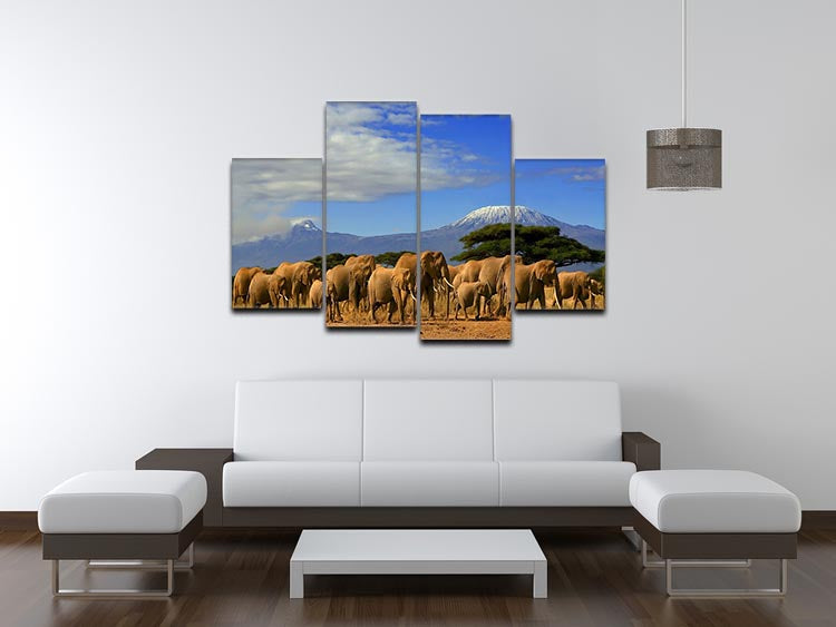 A stunning 4-split canvas artwork featuring Kilimanjaro and elephants, showcasing vibrant colors and intricate details.