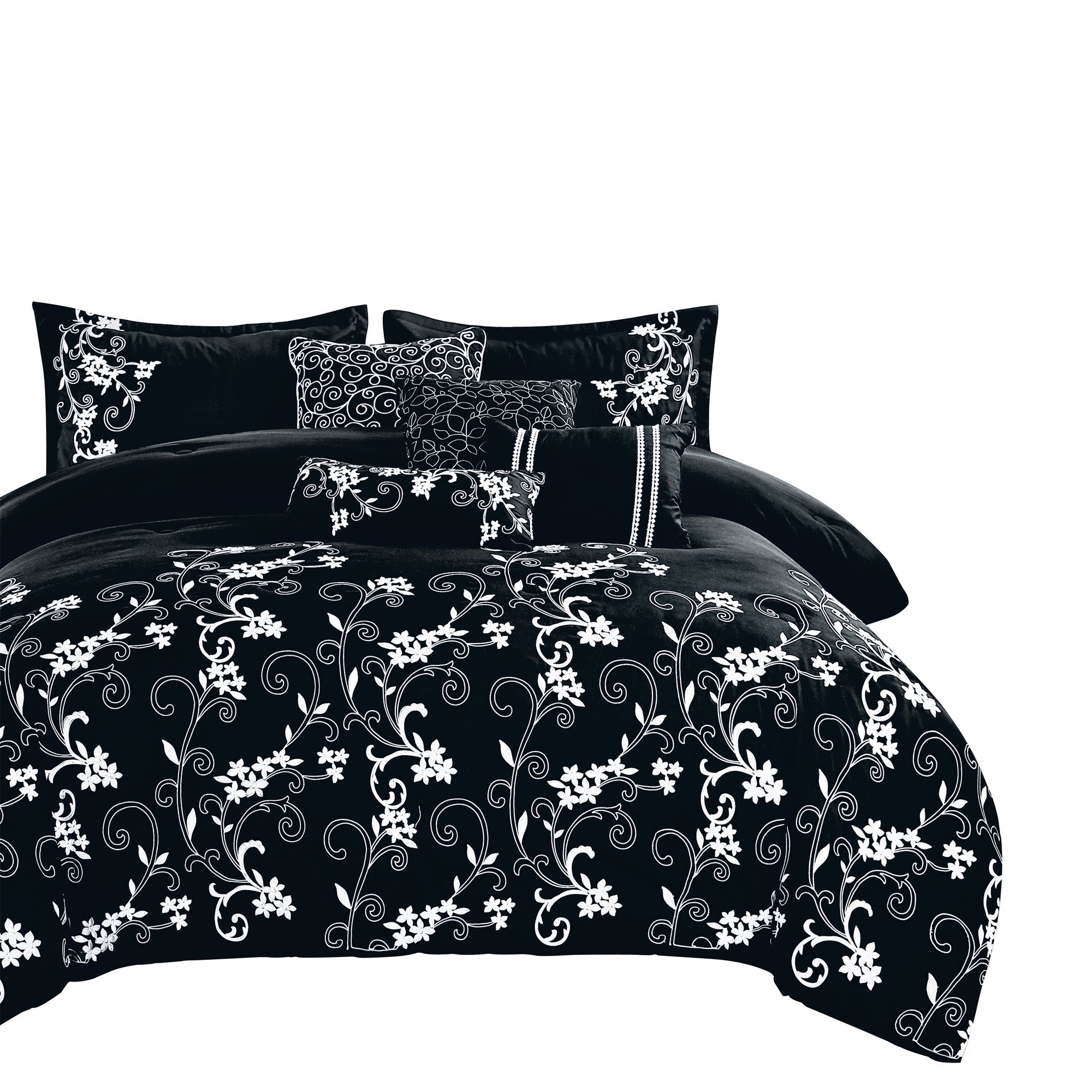 Kimana Contemporary Floral Black Comforter Set featuring elegant floral and medallion patterns, perfect for enhancing bedroom decor.