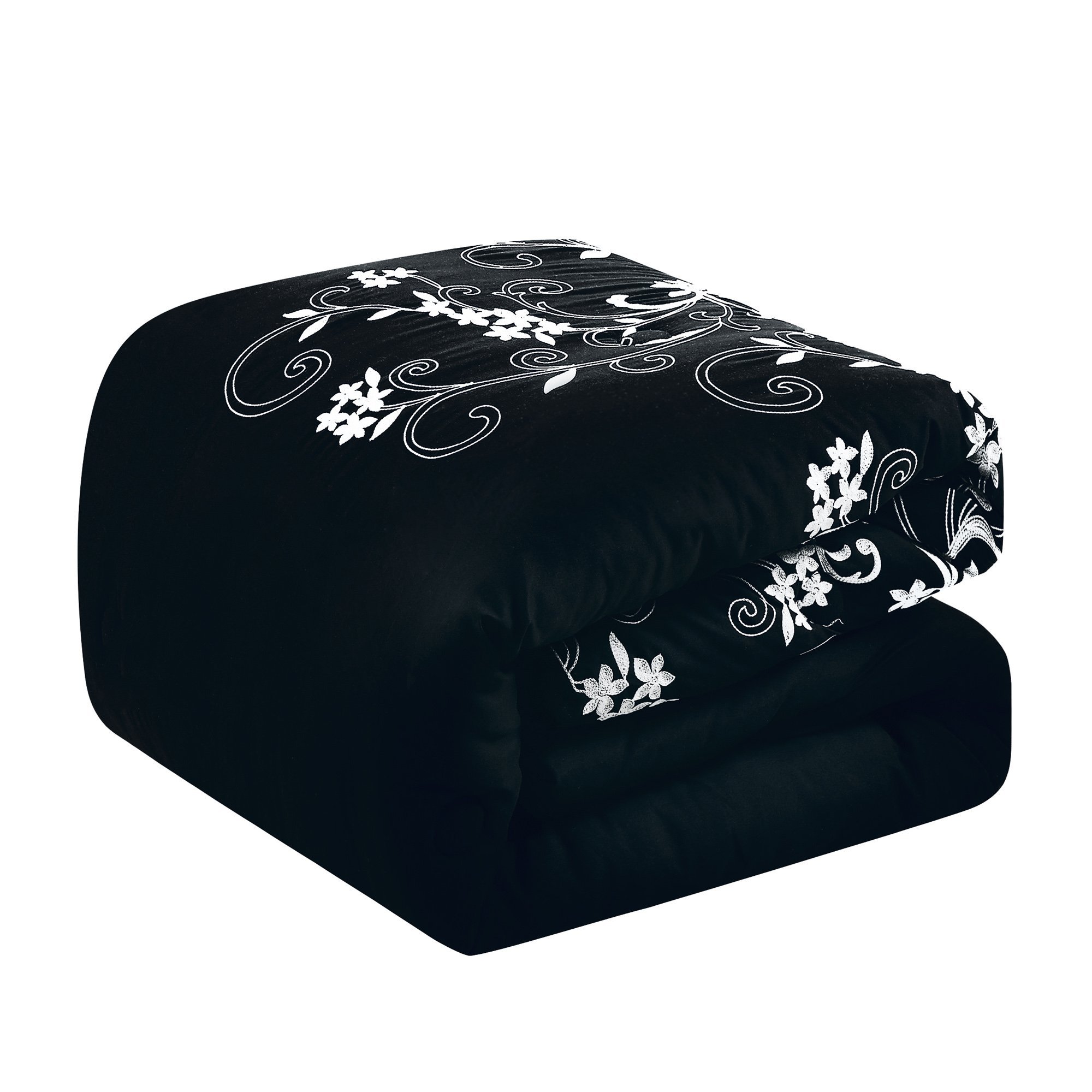 Kimana Contemporary Floral Black Comforter Set featuring elegant floral and medallion patterns, perfect for enhancing bedroom decor.