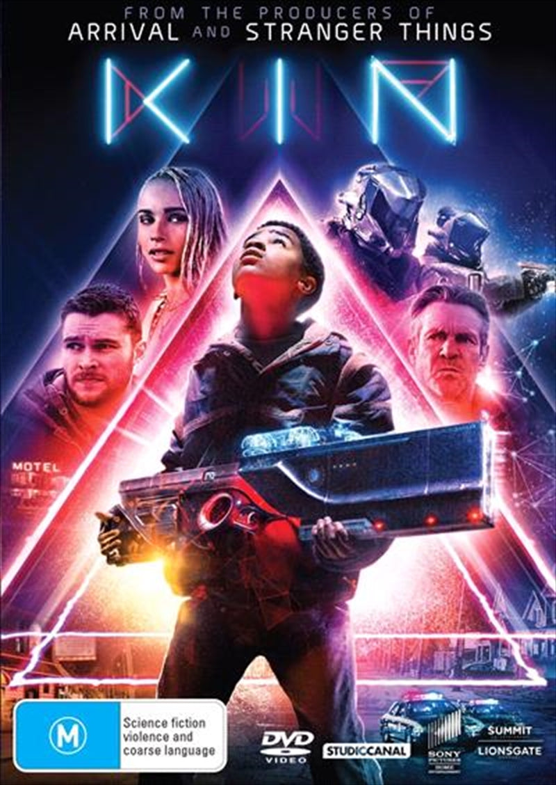 Kin DVD cover featuring Jack Reynor and Myles Truitt in an action-packed scene with a mysterious weapon.