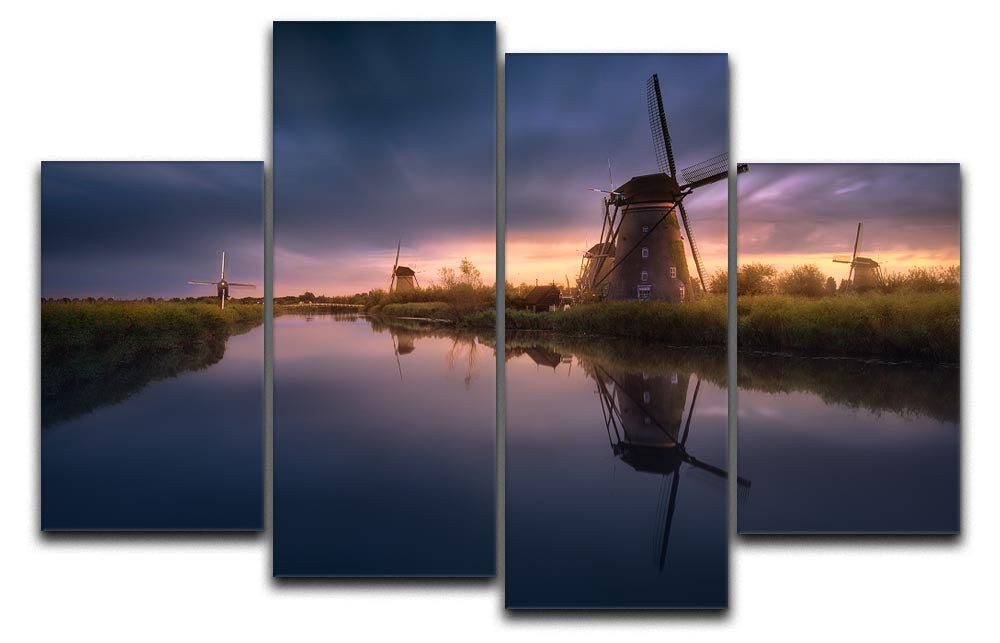 A stunning 4-split canvas artwork featuring the iconic Kinderdijk windmills, showcasing a beautiful landscape in four panels.
