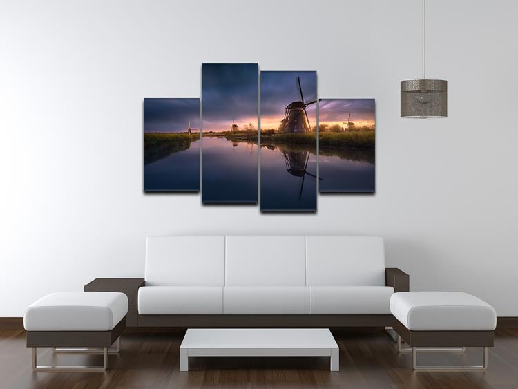 A stunning 4-split canvas artwork featuring the iconic Kinderdijk windmills, showcasing a beautiful landscape in four panels.