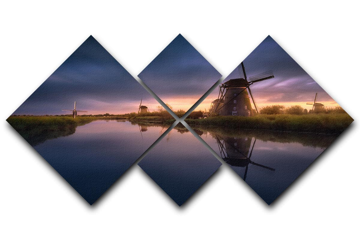 A beautiful 4-square canvas artwork featuring the iconic Kinderdijk windmills, showcasing vibrant colors and intricate details.