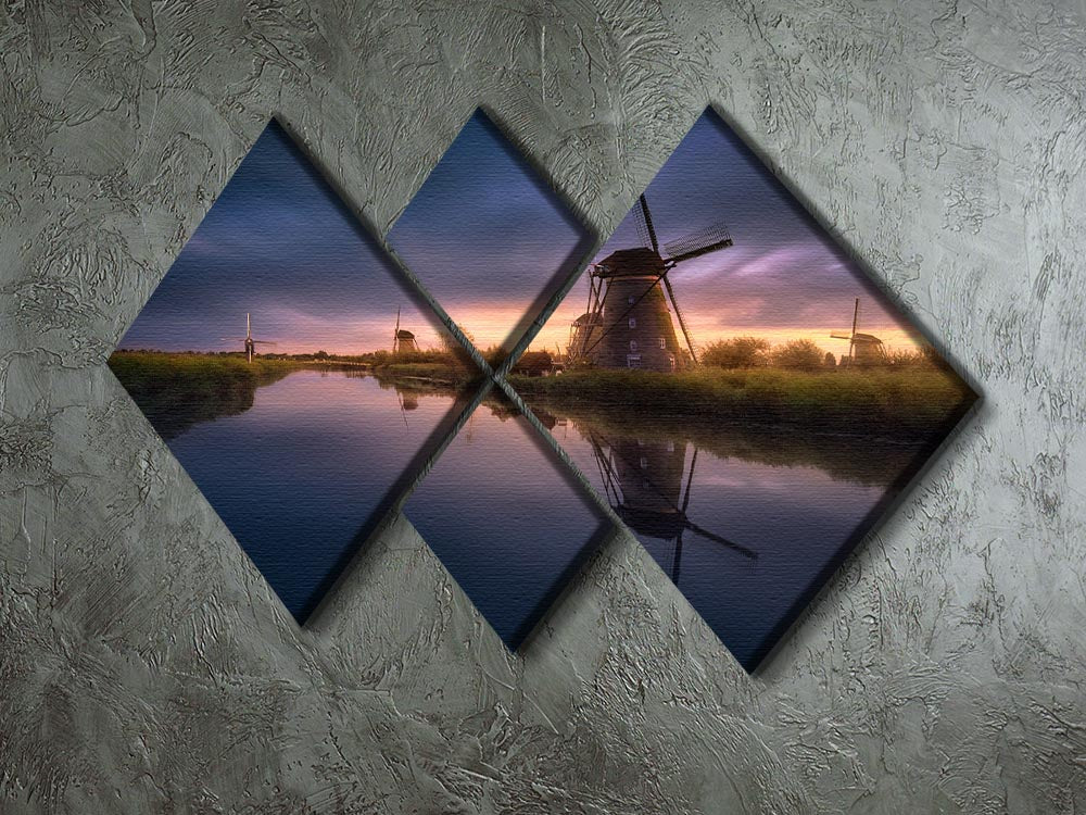A beautiful 4-square canvas artwork featuring the iconic Kinderdijk windmills, showcasing vibrant colors and intricate details.