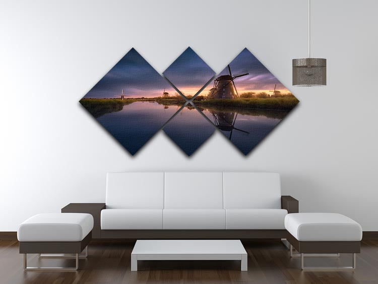 A beautiful 4-square canvas artwork featuring the iconic Kinderdijk windmills, showcasing vibrant colors and intricate details.
