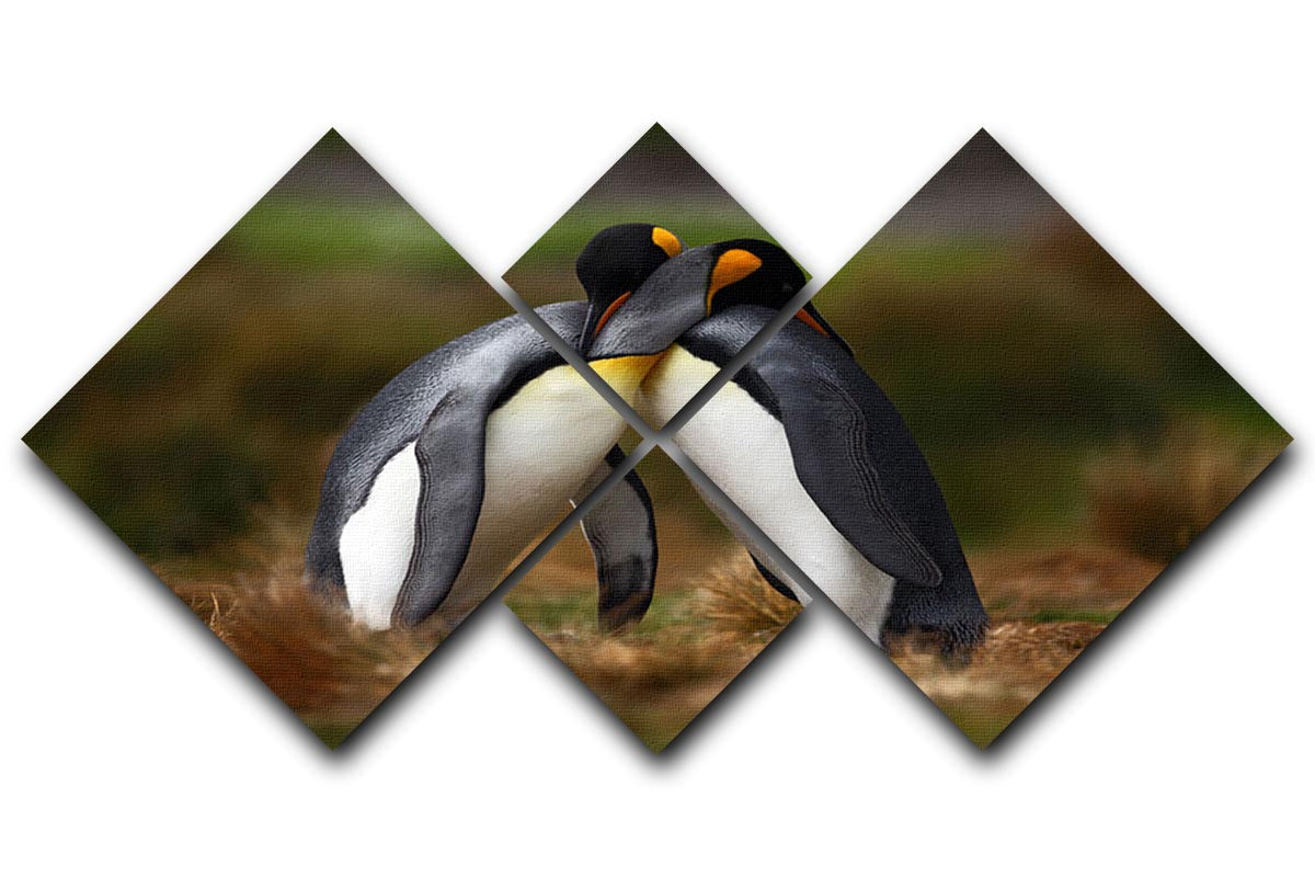 A beautiful multi-panel canvas artwork featuring a cuddling couple of king penguins, divided into four equal square sections.