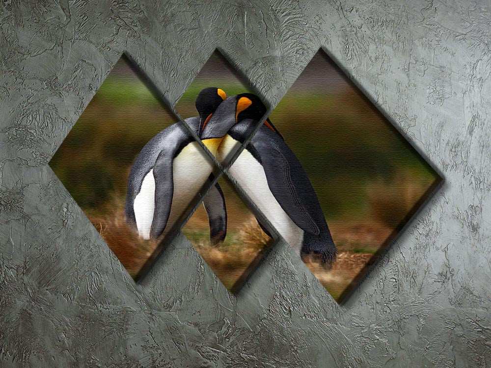 A beautiful multi-panel canvas artwork featuring a cuddling couple of king penguins, divided into four equal square sections.