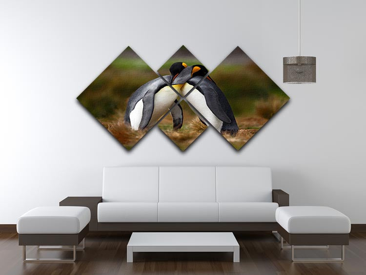 A beautiful multi-panel canvas artwork featuring a cuddling couple of king penguins, divided into four equal square sections.