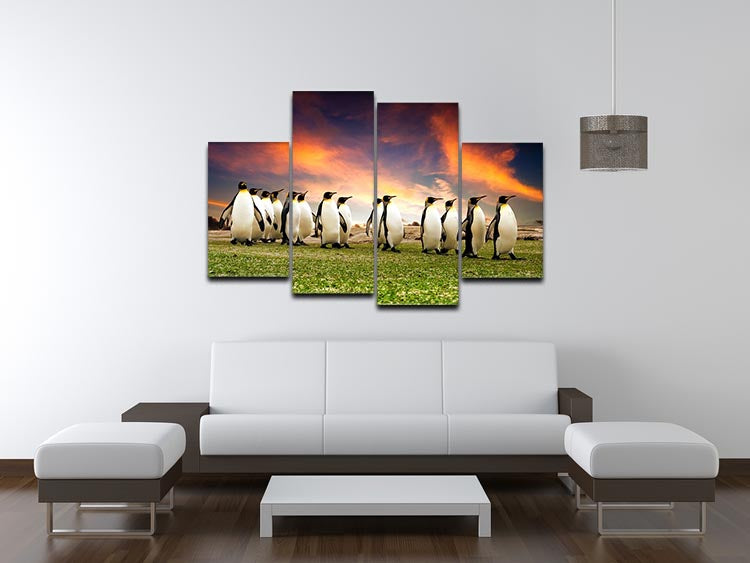 A stunning 4-panel canvas artwork featuring king penguins in the Falkland Islands, showcasing their natural beauty and habitat.