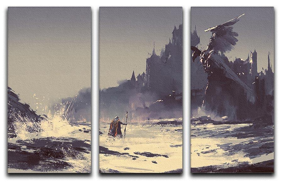 A stunning 3-panel canvas print depicting a king walking along a serene beach, perfect for home decor.