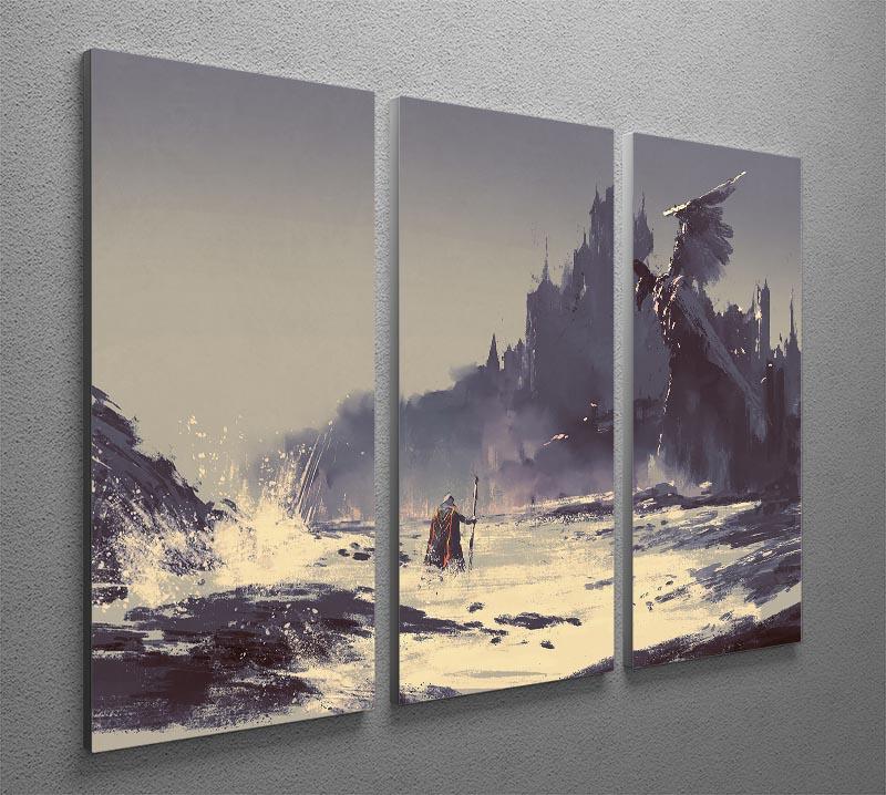A stunning 3-panel canvas print depicting a king walking along a serene beach, perfect for home decor.