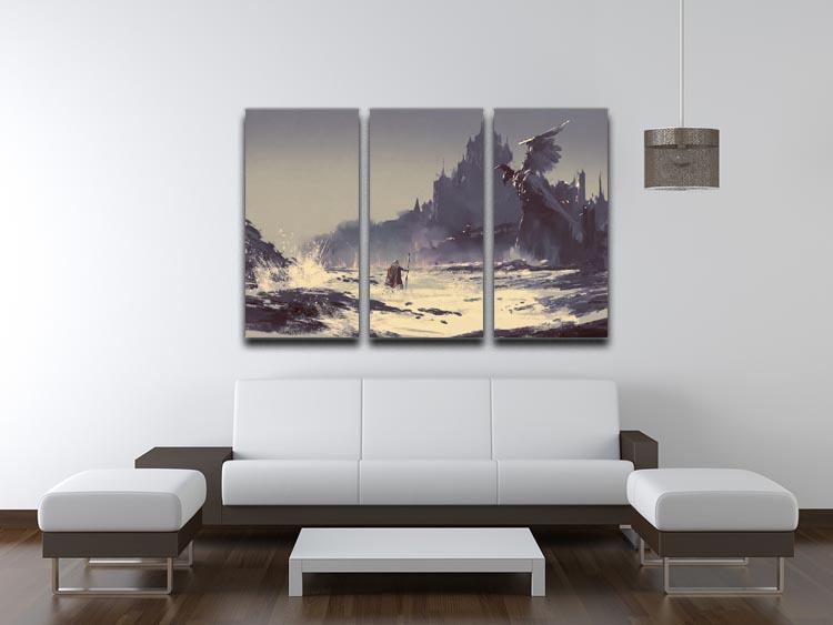 A stunning 3-panel canvas print depicting a king walking along a serene beach, perfect for home decor.